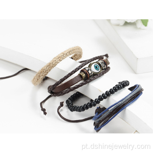 Multi camadas grânulo de madeira bracelete olho charme pulseira de couro